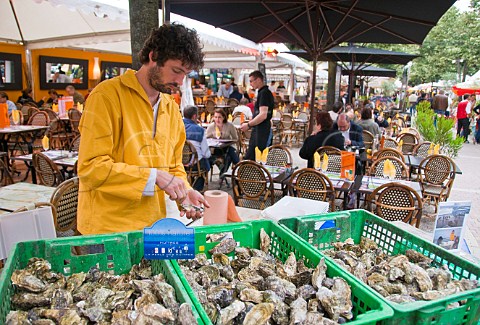 Opening oysters at an openair restaurant in Alles de Tourny Bordeaux Gironde France
