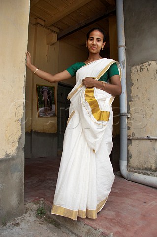Young Indian woman wearing sari Kochi Cochin Kerala India