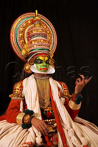 The character of Jayanthan during the evening performance of Narakasura Vadham at the Kerala Kathakali traditional art form of Kerala Centre Fort Cochin Kochi Cochin Kerala India