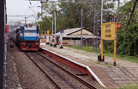 Trains standing at Thrissur Station between Kochi Cochin and Kannur Cannanore Kerala India