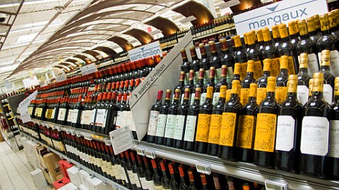 Bottles of Bordeaux wine for sale in a Calais supermarket