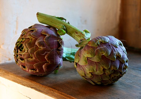 Globe artichokes on wooden shelf