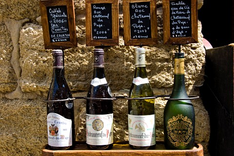 Wine bottles on display outside cellar in ChteauneufduPape Vaucluse France