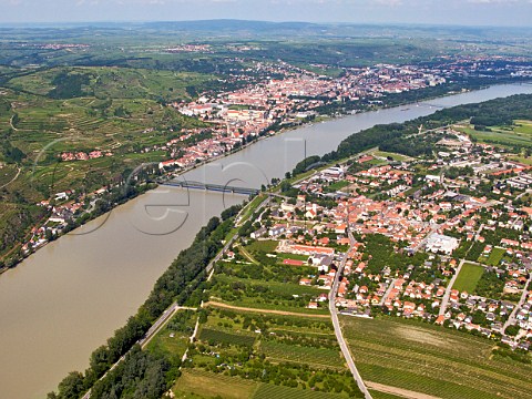 River Danube separating Mautern Wachau in the foreground from Krems Kremstal in the distance Austria