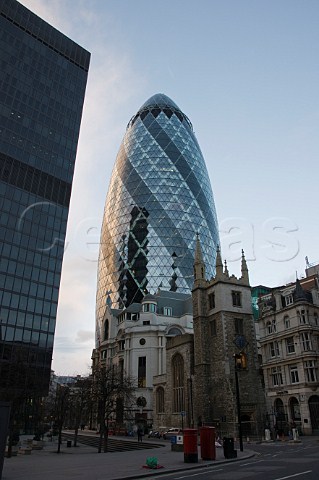 The Swiss Re tower known locally as The Gherkin in the financial district of London