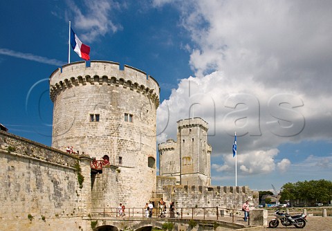 The towers of La Chaine and St Nicholas at the entrance to the ancient port of La Rochelle CharenteMaritime France