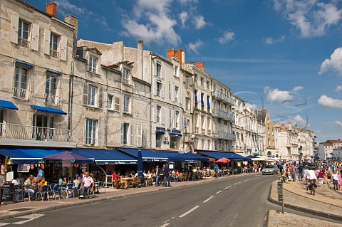 Restaurants lining the edge of the marina in the ancient port of La Rochelle CharenteMaritime France