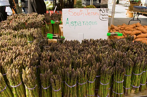 Bunches of asparagus at an organic food market in Union Square New York USA
