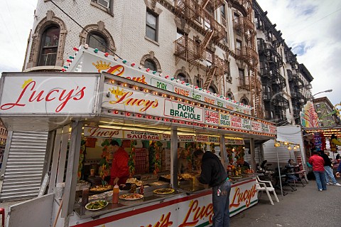 Delicatessen stall at street fair in Little Italy New York USA
