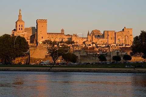 Evening light on the Papal Palace of Avignon from the river Rhne Vaucluse Provence France