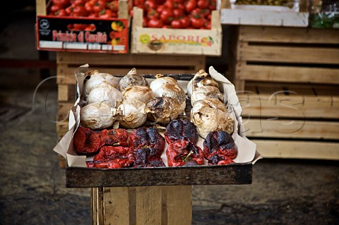Roasted peppers and onions for sale at Mercato del Capo Palermo Sicily