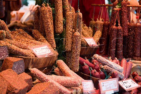 Delicatessen stall at the German Christmas market in KingstonuponThames Surrey England