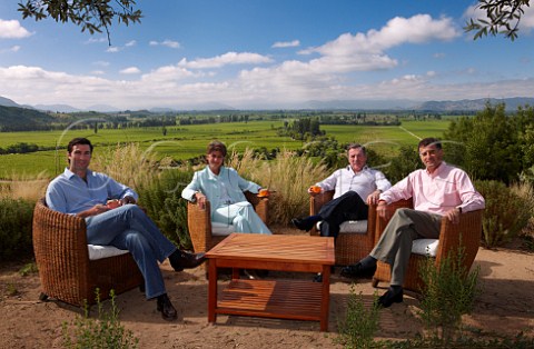 Lapostolle management team with Clos Apalta vineyards beyond   Left to Right Charles Henri Lapostolle De Bournet Alexandra Marnier Lapostolle Cyril De Bournet  Patricio Eguiguren Colchagua Valley Chile