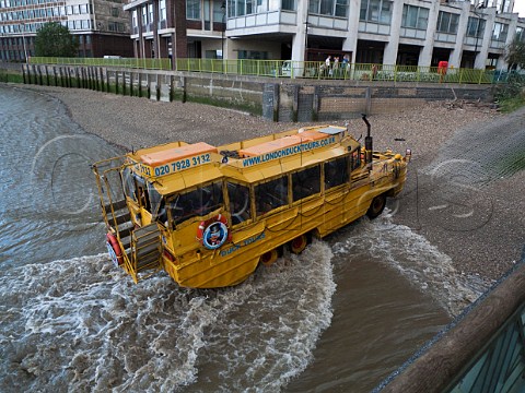 Second World War Duck amphibious landing craft now in use for tours of London leaving the Thames at Vauxhall London