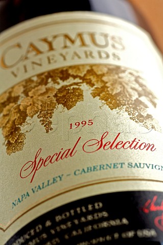 Detail of a bottle of Caymus Vineyards 1995 Cabernet Sauvignon Napa Valley California