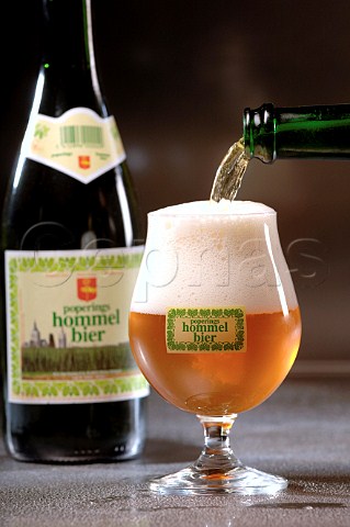 Pouring glass of Poperings Hommel bier Belgian beer