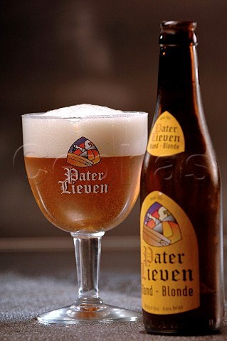 Bottle and glass of Pater Lieven Belgian beer