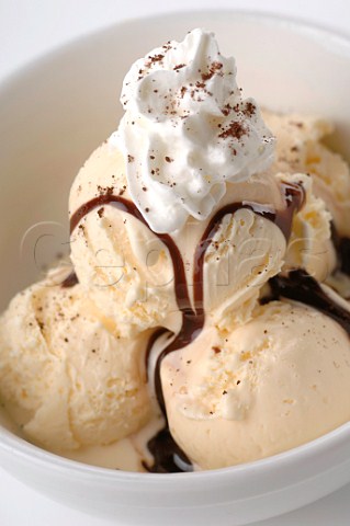 Scoops of Vanilla ice cream with cream and chocolate sauce