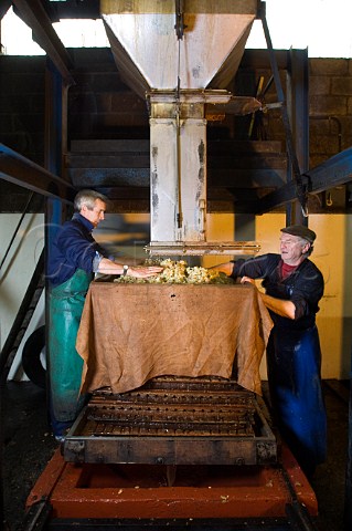 Artisan cider maker Roger Wilkins right building a cheese of crushed apples for pressing on his hydraulic Beare press  Wilkins Cider Landsend Farm Mudgley Wedmore Somerset England