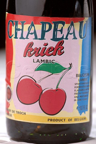 Label on bottle of Chapeau Kriek Lambic Belgian beer