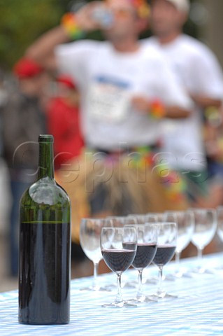Glasses of wine available at Chteau PontetCanet refreshment station for Marathon du Mdoc runners Pauillac Gironde France  Pauillac  Bordeaux