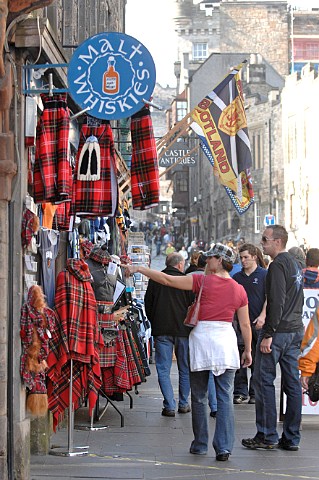 Tourist souvenier shop selling tartan and whisky Edinburgh Scotland