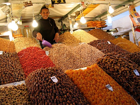 Dried fruit and nut stall in Marrakech souk Morocco