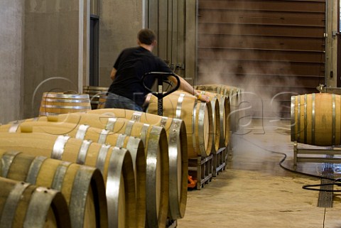 Steam cleaning of oak barrels before filling with wine PennerAsh Winery Newberg Oregon USA Willamette Valley