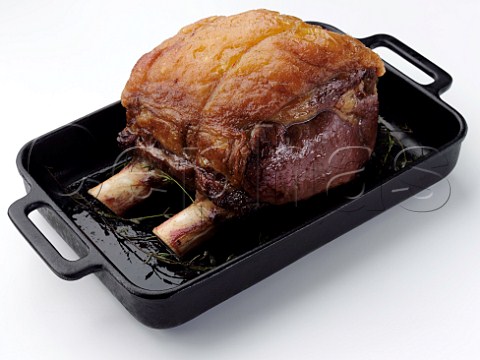 Rib of beef in a roasting tin