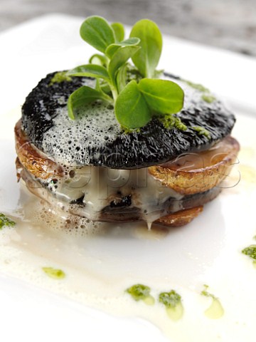 Mushroom stuffed with Stilton and potatoes with jerusalem artichoke velouta and salsa verde