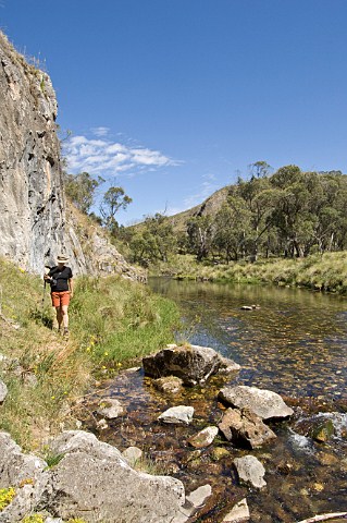 Hiker at Cave Creek Clarke Gorge Snowy Mountains Kosciuszko National Park New South Wales Australia