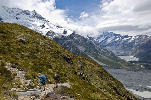 Hikers on trail to Mueller Hut Mt Cook  Aoraki National Park South Island New Zealand