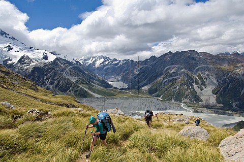 Hikers on trail to Mueller Hut Mt Cook  Aoraki National Park South Island New Zealand