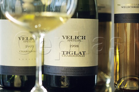 Bottles of Tiglat Chardonnay from Weingut Velich Apetlon Burgenland Austria  Neusiedlersee