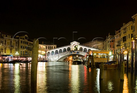 Rialto bridge and Grand Canal at night Venice Italy