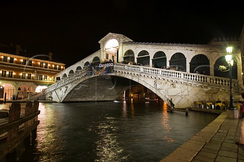 Rialto bridge and Grand Canal at night Venice Italy