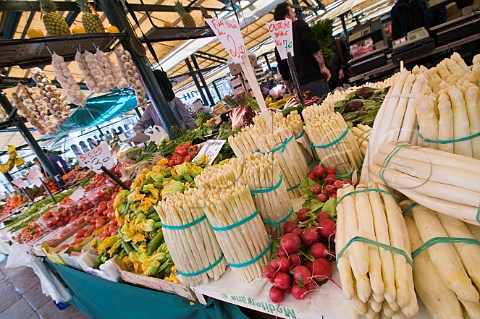 Bunches of white asparagus on sale at Rialto market San Polo Venice Italy