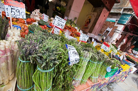 Vegetable stall at Rialto market San Polo Venice Italy