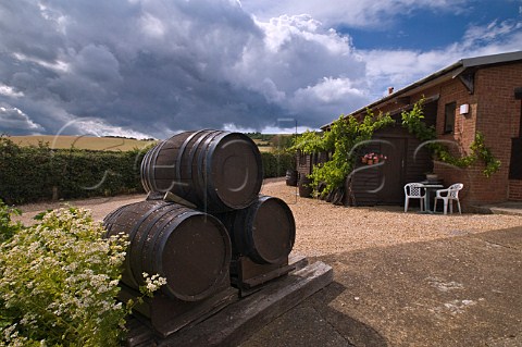 Decorative barrels at entrance to Adgestone Vineyard Sandown  Isle of Wight England