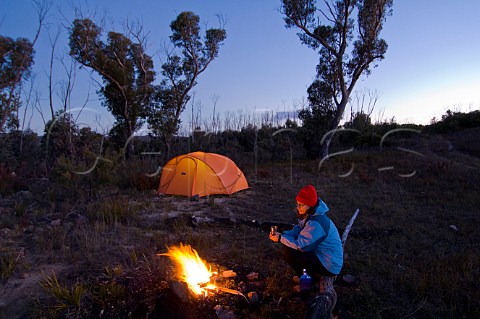 Woman by campsite Blue Mountains National Park New South Wales Australia