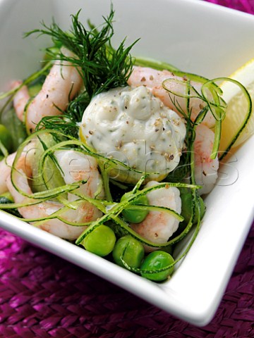 Prawn marinated courgette and fresh pea salad with chive mayonnaise and lemon vinaigrette