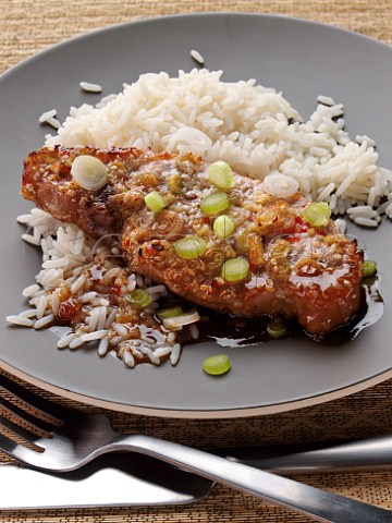 Sweet chilli baked pork loin chop and rice