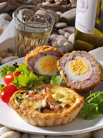 Quiche and scotch egg