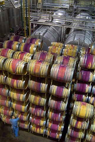 Barrels of red wine and tanks in winery of Columbia Crest   Paterson Washington USA  Horse Heaven Hills