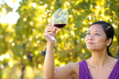 Oriental woman with glass of Burgundy red wine in a vineyard