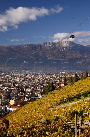 Cable car ascending to Soprabolzano over the vineyards on the steep hillside above Bolzano Alto Adige Italy  Santa Maddalena Classico DOC