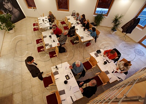 Group of wine writers tasting wines at the Cantina Cortaccia cooperative  Cortaccia Alto Adige Italy  Alto Adige  Sdtirol