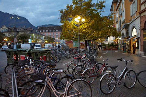 Bike racks and rubbish bins in the historical centre of Bolzano Alto Adige Italy