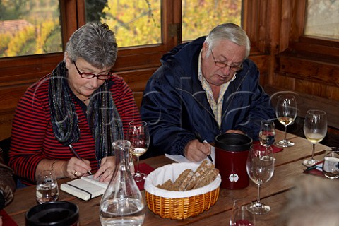 Carolyn BosworthDavies and Neville Blech members of the Circle of Wine Writers   in the tasting room of the Schwarhof estate of Loacker    Bolzano Alto Adige Italy   Santa Maddalena Classico