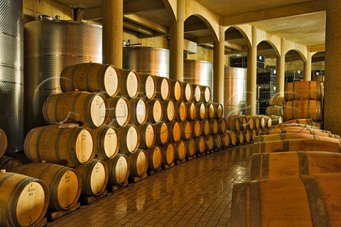 Oak barrels and stainless steel tanks in cellars of Haras de Pirque Pirque Maipo Valley Chile  Maipo Valley